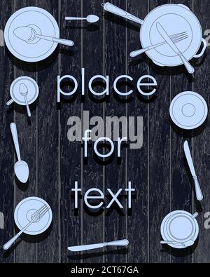 background for the menu in the form of a frame of cutlery on a dark wooden texture Stock Vector