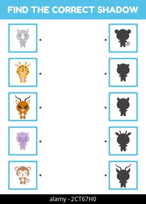 Game template find correct shadow. Matching game for children with african cartoon animals. Kids activity page for book. Education developing workshee Stock Vector