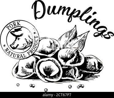 National cuisine, homemade lunch, breakfast, dough with meat filling. Traditional Russian dumplings, Ukrainian dumplings concept sketch. Hand drawn ve Stock Vector