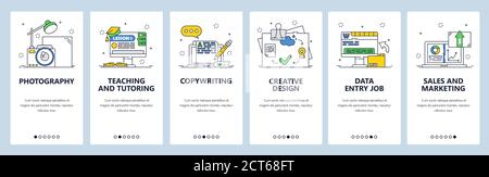 Freelance jobs. Photography, teaching, design, sales and marketing. Mobile app screens, vector website banner template. Stock Vector