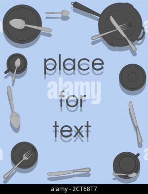 background for the menu in the form of a frame of cutlery on a light blue paper texture Stock Vector