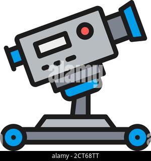 Digital cinema camera on wheels flat color line icon. Stock Vector