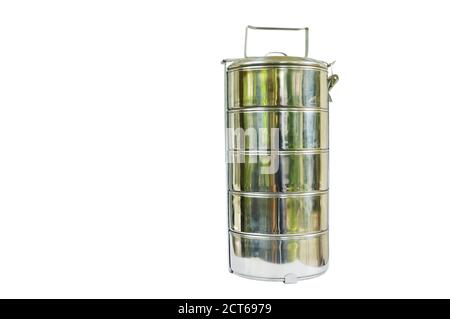 Stainless food carrier with many contain on white background Stock Photo