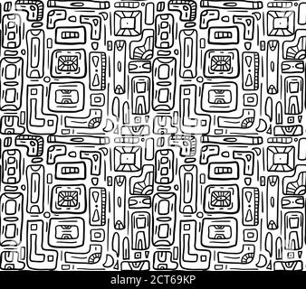 Seamless black and white texture with tribal doodle pattern from geometric shapes. Vector native pattern for wallpaper, fabrics and your creativity Stock Vector