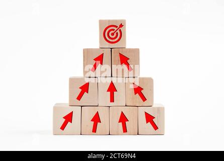 Arrow icons and target icon on wooden cubes. Financial growth, goal achievement or career development concept in business management. Stock Photo