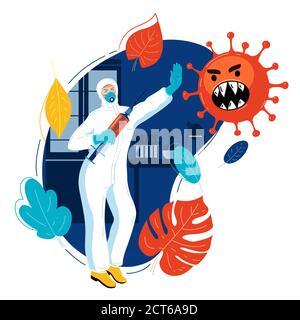 Immunologist in medical protective suit threatens virus with syringe with vaccine.Doctor with vaccine prevents spread of terrible coronavirus. Stock Vector