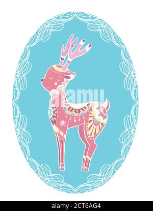 Cute gentle coloring cartoon deer with boho pattern in frame. Native illustration. The object is separate from the background.  Vector doodle element Stock Vector
