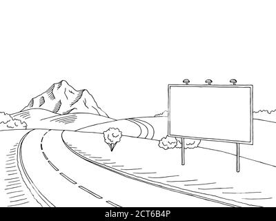 Road billboard graphic art black white landscape sketch illustration vector Stock Vector
