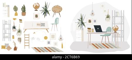 Stylish Scandic living room interior - sofa, armchair, coffee table, plants in pots, lamp, home decorations. Cozy Autumn seasone. Modern comfy apartme Stock Vector