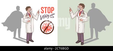 Superhero action figure man in medical mask attack coronavirus. Stop coronavirus (covid-19) vector illustration. Let's fight the coronavirus icon. Epi Stock Vector