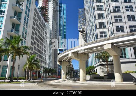 MIAMI, USA - MARCH 19, 2017 : Metromover train railway in Downtown Miami. Stock Photo