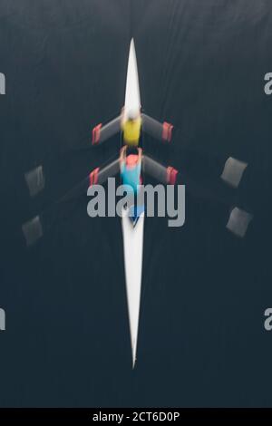 Sculling Rowing Overhead Image Overhead view of a double scull pair rowing together, two people Stock ...