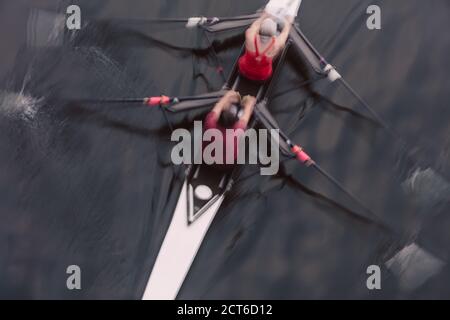 Sculling Rowing Overhead Image Overhead view of a double scull pair rowing together, two people Stock ...