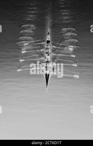 Overhead view of a crew in an eights boat rowing on a lake Stock Photo