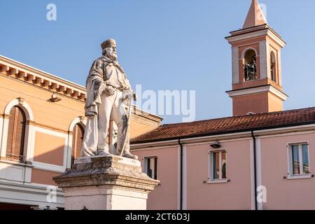 The Statue of Giuseppe Garibaldi in Cesenatico, It is situated in the Pisacane Square and is one of the first statues ever erected in Italy to the national hero. Emilia Romagna, Italy. Stock Photo