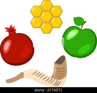 Rosh Hashanah. Pomegranate, apple, chalky honeycombs, shofar - mutton horn. Stock Vector