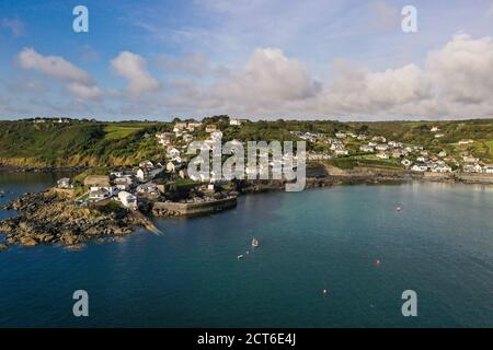 COVERACK, CORNWALL, UK - SEPTEMBER 12, 2020. An aerial landscape  image by drone of the picturesque Cornish fishing village of Coverack in Cornwall Stock Photo