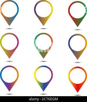 9 mapping pins icon web buttons. Colored satined round shapes with shadow on white Stock Vector