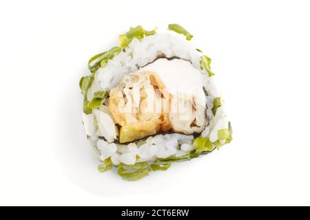 Japanese maki sushi rolls with green onion, isolated on white background. Top view, close up, selective focus. Stock Photo
