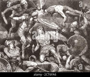 Alexander the Great  at the Battle of Granicus, May 334 BC.  In this battle Alexander was stunned from a blow to the head and in danger of losing his life.  He was saved by Cleitus the Black.  Cleitus was killed by Alexander some years later during a drunken quarrel.  After a work by German artist Hermann Vogel in Cyclopaedia of Universal History, published circa 1885. Stock Photo