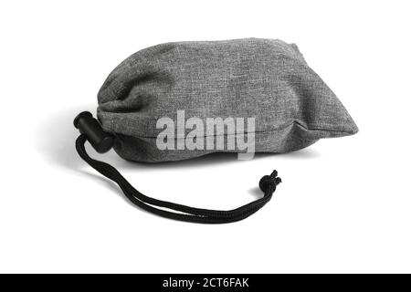 Gray Drawstring Bag Lying on White Background Stock Photo
