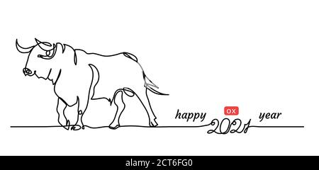 Chinese new year 2021 banner with white cow, bull. Happy ox Year simple vector banner, background. One continuous line drawing with text 2021