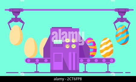 Easter eggs coloring conveyor. Flat festive vector illustration. Stock Vector