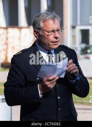 Oranienburg, Germany. 21st Sep, 2020. Rainer Grieger, President of the Brandenburg Police College, speaks to journalists on the grounds of the former police station in Oranienburg (Brandenburg). On the area of the old and dilapidated former police station, the planned dormitory of the Police College is to be built. Credit: Paul Zinken/dpa/ZB/dpa/Alamy Live News Stock Photo
