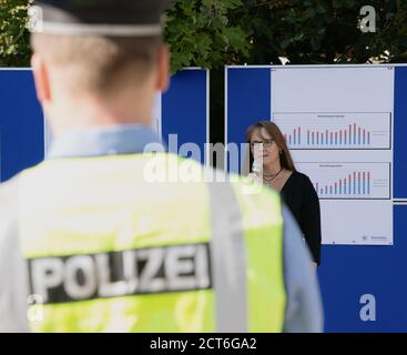 Oranienburg, Germany. 21st Sep, 2020. Brandenburg's Minister of Finance Katrin Lange (SPD) speaks to journalists on the grounds of the former police station in Oranienburg (Brandenburg). The planned dormitory of the police academy is to be built on the grounds of the old and dilapidated former police station. Credit: Paul Zinken/dpa/ZB/dpa/Alamy Live News Stock Photo