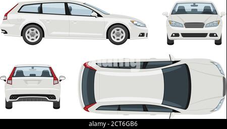 White station wagon car vector template with simple colors without gradients and effects. View from side, front, back, and top Stock Vector