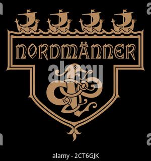 Old Norse design. Frame in Scandinavian style. Drakkars float on the sea, the Dragon and the inscription in German Nordmanner-Northern man. Stock Vector