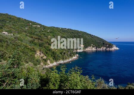 Aegean coastline, coastal tourism around Greek beaches, Volos district, Pelion mountain Stock Photo