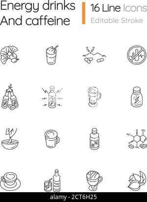 Energy drinks and caffeine linear icons set Stock Vector