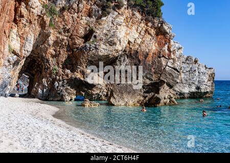 Beaches of Greece, rock formations on Mylopotamos beach, Pelion, Volos district Stock Photo