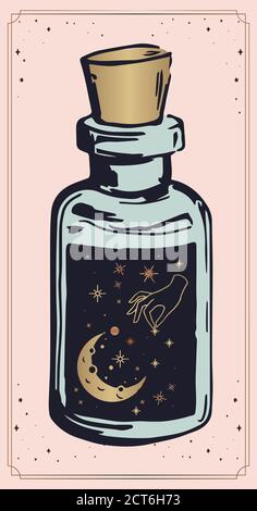 sacred esoteric symbols with hand gestures, the moon and stars in the bank, Mystical drawing: human hands hold the moon. Sacred geometry. ector illust Stock Vector
