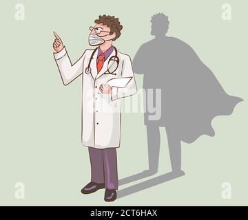 Brave doctor wearing medical mask and protection suit with his shadow as superhero. COVID-19 outbreak medical staff. Stock Vector