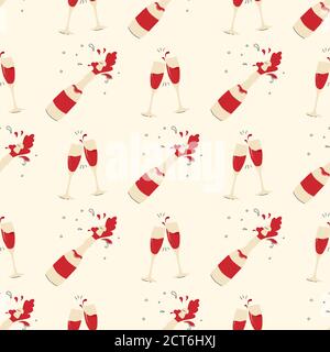 Christmas, New Year seamless pattern. Opened champagne and chased glasses. Stock Vector