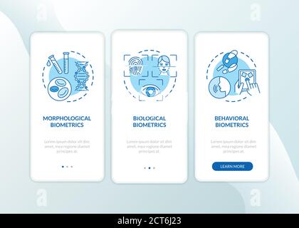 Biometrics types onboarding mobile app page screen with concepts Stock Vector