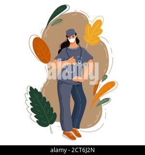 Surgeon doctor in uniform holds stethoscope. Doctor woman. Medic in hat and mask. Medicine and health care. Hospital staff. Stock Vector