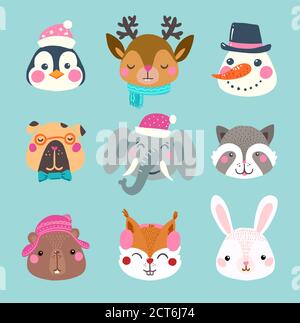 Set of winter cute animal and snowman faces. Stock Vector