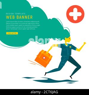 Medical Banner. Emergency doctor with medical box run to rescue. Doctor runs to save people. Flat design Stock Vector