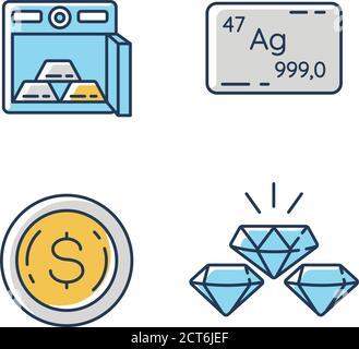 Precious metals gems RGB color icons set Stock Vector