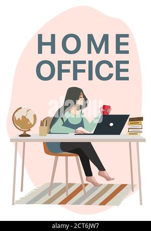 Working at home, coworking space, concept illustration. Young people freelancers working on laptops and computers at home. People at home in quarantin Stock Vector