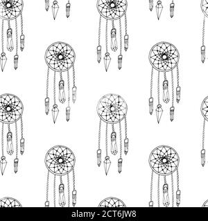 Monochrome seamless pattern with hand drawn dreamcatchers on white background. Vector Stock Vector