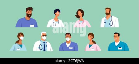 Set of male and female characters of doctors. Surgeons, doctors, nurses. Conceptual illustration, hospital medical team, poster. Vector template for design Stock Vector