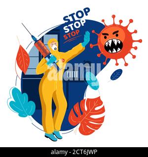 Vaccine doctor in medical protective suit with vaccine stops virus. Doctor stops pandemic. Medicine stops epidemic.Stop coronavirus. Natural immunity. Stock Vector