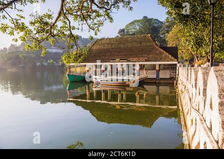 Boat house at Kandy Lake at sunrise, Kandy, Central Province, Sri Lanka, Asia Stock Photo