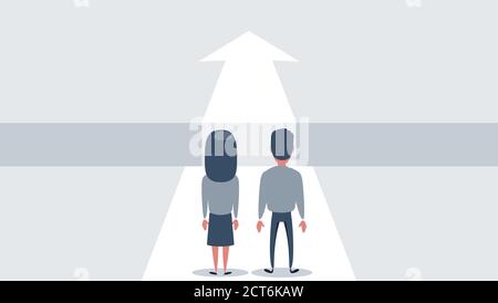 Business challenge and solution vector concept with business people standing over big gap. Symbol of overcoming obstacles, strategy, analysis Stock Vector