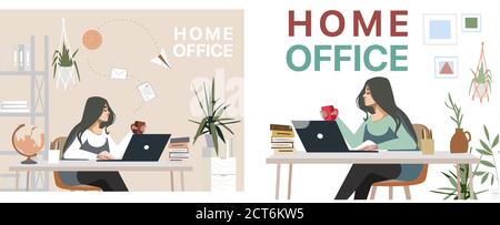 Working at home, coworking space, concept illustration. Young people freelancers working on laptops and computers at home. People at home in quarantin Stock Vector