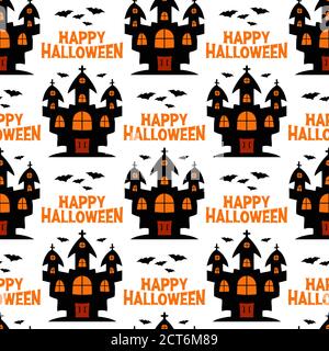 Witch castle with flying bats. Halloween seamless pattern. Isolated on a white background. Vector stock illustration. Stock Vector